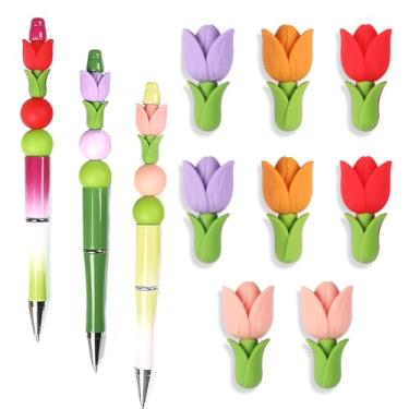 Imagem de 8 peças de contas de silicone de flores de tulipa 3D, contas focais de silicone para fabricação de chaveiros, contas soltas com tema de plantas fofas em massa para canetas de contas, artesanato faça