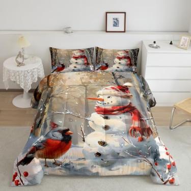 Imagem de Conjunto de edredom King com boneco de neve, pássaro vermelho, retrô, rústico, floresta, para decoração de quarto de crianças, meninas, meninos, adultos, conjunto de cama com tema de inverno, 3 peças
