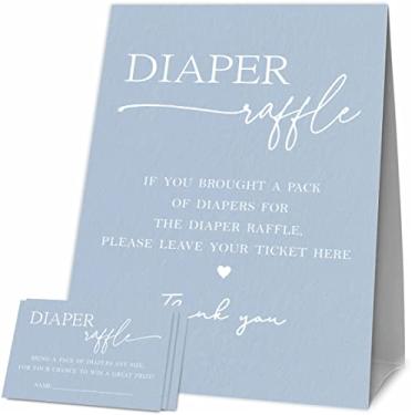 Imagem de Jogos de chá de bebê, 1 placa em pé de sorteio de fraldas com 50 bilhetes para sorteio de fraldas, decoração de festa de chá de bebê com tema azul e suprimentos para meninos ou meninas (LBLK-C02)