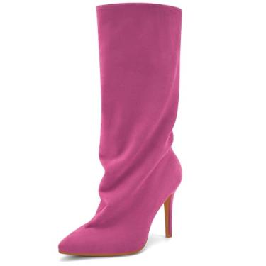 Imagem de Perisis Botas femininas despojadas cano médio pretas longas de puxar salto agulha bico fino botas de tubarão para mulheres sexy moda, Suede-hot pink, 34