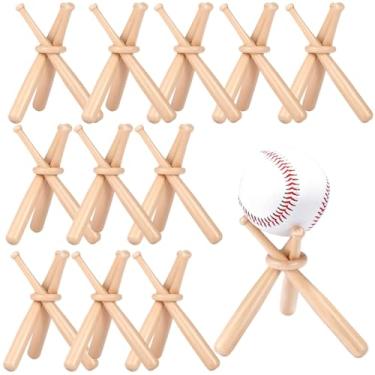 Imagem de 12 peças de suportes de taco de beisebol de madeira, prateleiras de exibição exclusivas com anéis, estabilidade duradoura para coleções de beisebol, comporta bolas de até 23 cm, opção de presente para