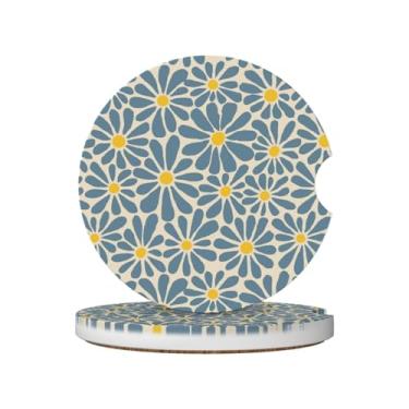 Imagem de Porta-copos de carro florais azuis para porta-copos, pacote com 2 porta-copos de carro para carro, porta-copos de carro absorvente de cerâmica com entalhe de dedo e base de cortiça, acessórios de