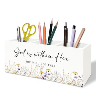 Imagem de TFKFJLF Porta-lápis de caneta de flores silvestres inspiradoras cristãs, God is within her, she will not cair, versículo bíblico, pincel de maquiagem, organizador de madeira, para casa, dormitório