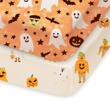 Imagem de TotChill Pacote com 2 lençóis de Halloween para crianças, pacote com 2 para colchão Pack N Play, Frankenstein, abóbora, fantasma