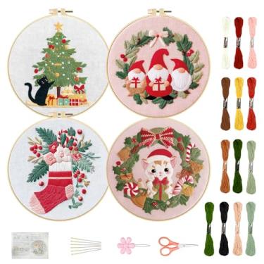 Imagem de FREEBLOSS Conjunto de 4 kits de bordado de Natal para iniciantes, kit de bordado estampado com padrões de guirlanda de gato de árvore de Natal, instruções, fios suficientes, 2 argolas, 29,5 cm