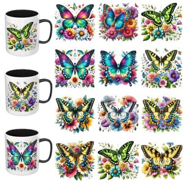 Imagem de Adesivos UV DTF - 12 folhas aquarela borboletas UV DTF copo envoltório para canecas vidro café, decalques DIY para copos, esfregar à prova d'água em transferências para artesanato
