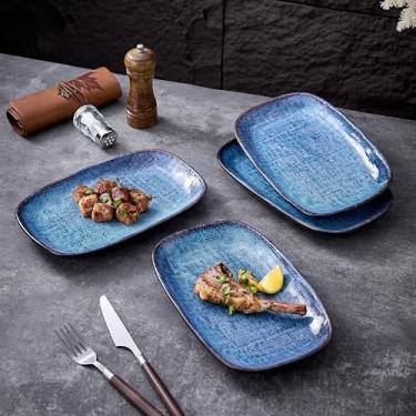 Imagem de Conjunto de 4 pratos de jantar de cerâmica feitos à mão, pratos de salada de porcelana de 28 cm com borda labial, pratos de louça de linha de vime para macarrão, salada e bife, seguro para micro-ondas