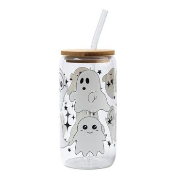 Imagem de Copo fantasma de Halloween, copos de café gelado de vidro de 473 ml com tampa e canudos, presentes assustadores para mulheres, meninas e crianças