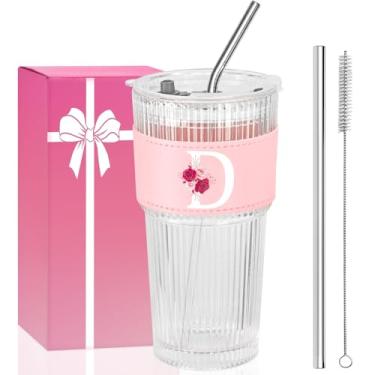 Imagem de AiHeart Presentes personalizados para mulheres, copo de vidro canelado de 590 ml, presentes com monograma para mulheres, presente de aniversário, caneca de café gelado, presente de Natal para mãe