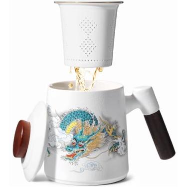 Imagem de Xícara de chá de porcelana com infusor e tampa, caneca de chá de cerâmica para folhas soltas, coador de chá com cabo de madeira, xícara de chá de dragão chinês, infusor de cerâmica, sem BPA, amantes