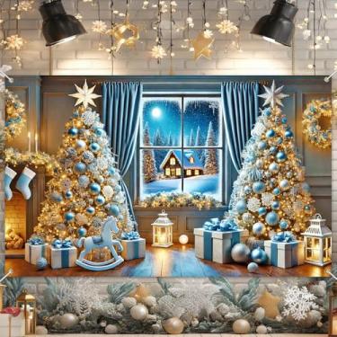 Imagem de BlissYard Decoração interna do país das maravilhas de Natal, inverno, azul, prata, caixa de decoração de árvore de Natal, guirlanda de floco de neve, luzes de cena de Natal para exibição de festa na