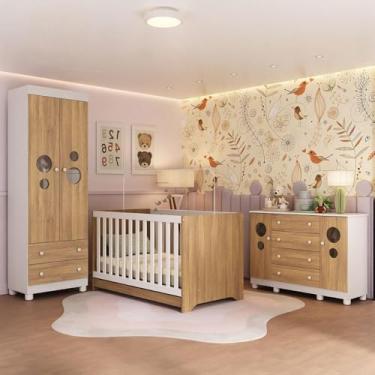 Imagem de Quarto de Bebê Completo com Berço Americano 3 em 1 Bombom Multimóveis Mp4626 Branco/madeirado