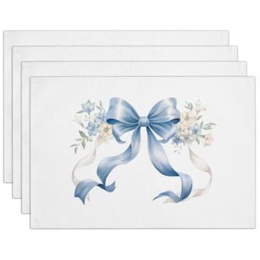 Imagem de Conjunto de 4 jogos americanos com laço azul claro, 30 x 45 cm, durável, impermeável, tapetes de mesa de pano, tapetes laváveis para decoração de jantar ao ar livre, casa, festa, cozinha, jantar-013