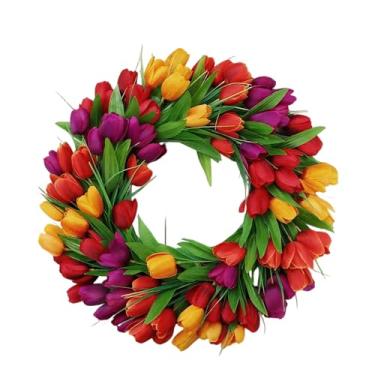 Imagem de Guirlanda de outono de flores de seda 50-60 cm, artificial com vegetação, decoração externa da porta da frente, cores vibrantes para opções sazonais