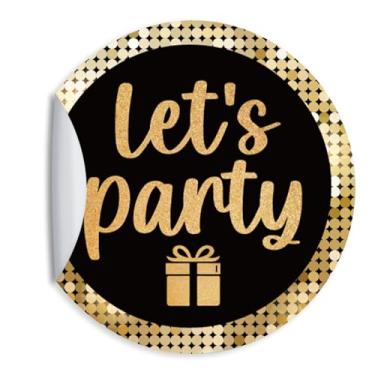 Imagem de ZEIKAEYR 80 peças de adesivos de aniversário de ouro preto para adultos - Vamos festejar - adesivos redondos de 3,8 cm - Suprimentos de decoração de aniversário de aniversário - Ótimo para