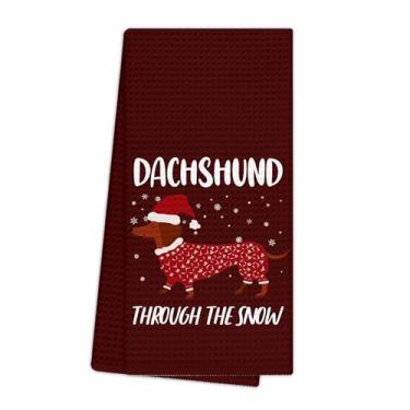 Imagem de EGBTL Toalhas de cozinha de Dachshund de Natal, presentes para amantes de cães, toalhas de mão de Natal para decoração de banheiro, decoração de Natal para cães Weiner, Dachshund através da neve