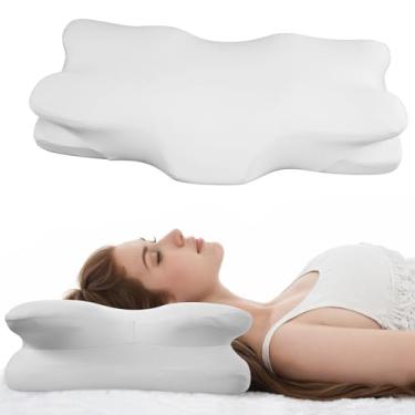 Imagem de Travesseiro ergonômico de pescoço cervical de asa dupla – Almofada ortopédica de suporte de pescoço de espuma viscoelástica para pessoas que dormem de lado, alinhamento da coluna cervical e alívio da