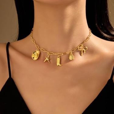 Imagem de Laço turquesa feito à mão, estrela-do-mar, acessórios de vaqueira, colar de pingente dourado delicado, roupa de concerto, acessórios de vaqueira para mulheres