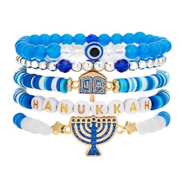 Imagem de LANWLOSI 5 pulseiras de Hanukkah para mulheres, estrela de Davi, menorá, Dreidel, pulseira empilhável com contas de argila e olho turco, suporte elástico - permite presentes de joias judaicas de