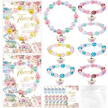 Imagem de Misdary Conjunto de 18 peças de pulseiras de lembrancinha de chá inclui mini pulseira de flores com contas de bule de chá, cartões de agradecimento, sacos transparentes, presentes, acessórios de festa