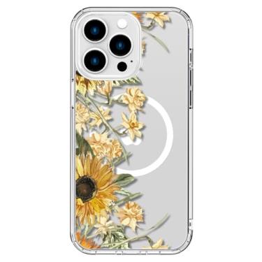 Imagem de ICEDIO Capa para iPhone 14 Pro Max com protetor de tela - Compatível com carregamento sem fio, proteção aprimorada da câmera, capa transparente com design floral moderno para mulheres - Girassóis e