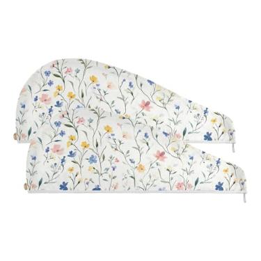 Imagem de SEHANY Toalha de cabelo de microfibra de flores coloridas elegantes para mulheres, 2 peças, turbantes de cabelo de secagem rápida com botão, touca de cabelo seco absorvente toalha de secagem de cabelo