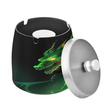 Imagem de Blueangle Cinzeiro de dragão verde com tampa para cigarros, à prova de vento/chuva, aço inoxidável, sem fumaça, inodoro, cinzeiro para uso interno ou externo (484)