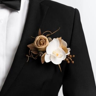 Imagem de Ling's moment Boutonniere de bolso único, flor na lapela masculina para casamento, baile, baile, aniversário, formatura, etc. Orquídea branca bege tawny, 15 cm L x 12,7 cm A