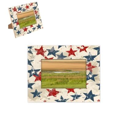 Imagem de hongjinglin Porta-retrato de 10 x 15 cm com estrelas de madeira, retrô, vermelho, azul, moldura para pendurar na parede e na mesa, para decoração de casa e amigos da família, ideias de presente de