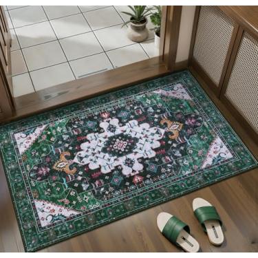 Imagem de Ciicool Tapete vintage lavável, tapete boho pequeno de 0,6 x 0,9 m, tapetes ultra macios para entrada, tapetes de entrada antiderrapantes, tapete oriental de baixa película, tapete de piso para