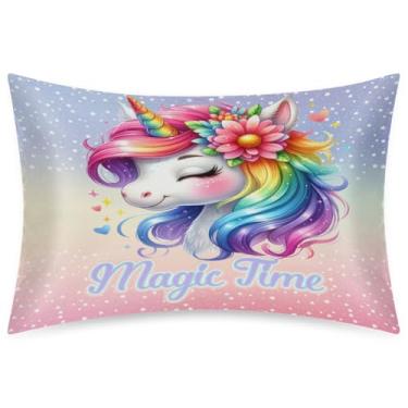 Imagem de Fronha de cetim para cabelo e pele, unicórnio, arco-íris, animal, macia, sem zíper, com fecho de envelope, fronha tamanho queen para cama, sofá, mulheres, homens, meninos, meninas, 50,8 x 76,2 cm