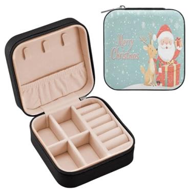 Imagem de Wassud Elegante estojo de joias de viagem de veado de Natal para mulheres, meninas, senhoras, noiva, mini organizador de joias de couro PU, caixa quadrada de armazenamento de joias para brincos, anéis