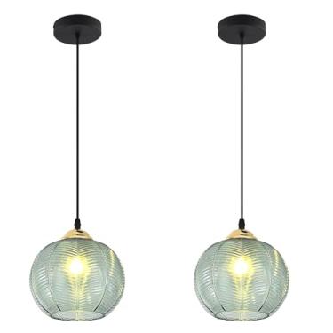 Imagem de Luminária pendente moderna de vidro canelado verde, luminária pendente grande em formato de globo, luminária pendente única preta com 1 lâmpada, luminária para ilha de cozinha, conjunto com