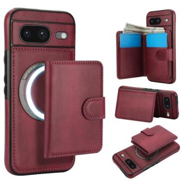 Imagem de Para Google Pixel 8 carteira removível compatível com Magsafe capa de carregamento sem fio com suporte para cartão, compartimento para dinheiro, suporte 2 em 1 capa à prova de choque (vinho vermelho)