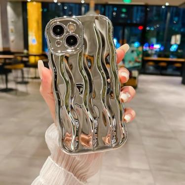 Imagem de Capa de telefone com moldura ondulada encaracolada projetada para iPhone 15, linda estampa de ondulação de água, TPU macio, ajuste fino, capa traseira para mulheres e meninas, prata