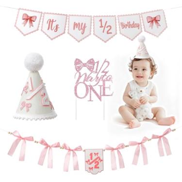 Imagem de Decorações de meio aniversário, faixa de laço rosa It's My 1/2 Birth, fita de topo de bolo com glitter, faixa e cone de contas de madeira, chapéu rosa 1/2 para suprimentos de festa de uma menina bebê