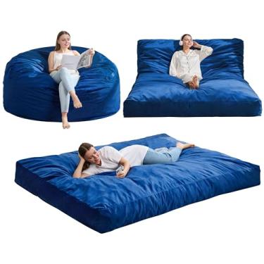 Imagem de Hobestluk Cadeira Bean Bag 3 em 1 para adultos, sacos de feijão grandes com capa de veludo removível, cadeira conversível para sala de estar, quarto, sala de jogos (azul, Queen)