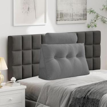 Imagem de Almofada triangular de veludo para cabeceira de cabeça, capa removível, cama de beliche, suporte de posicionamento do encosto, descanso de leitura relaxante (cinza com travesseiro de rolo, solteiro