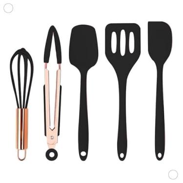 Imagem de Kit 5/12 Jogo de Cozinha Silicone, Utensílios Suporte para Cozinheiro Cabo de Madeira MasterChef (12-Peça-Preto/Chumbo/Cinza)