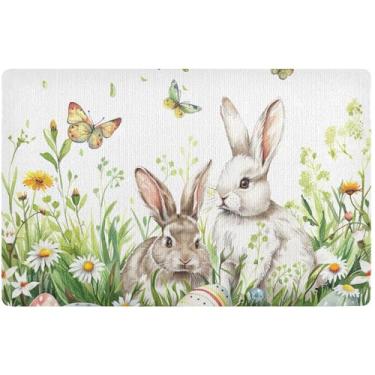 Imagem de TSENQUE Tapete de porta floral personalizado coelho da Páscoa tapete engraçado grande engraçado tapete de entrada lavável para interior de casa tapete de varanda impermeável 81,3 cm x 50,8 cm