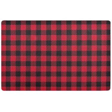 Imagem de TSENQUE Capacho xadrez de búfalo vermelho preto personalizado tapete engraçado para uso externo absorvente antiderrapante tapete de entrada ao ar livre outono tapete 81 cm x 50 cm