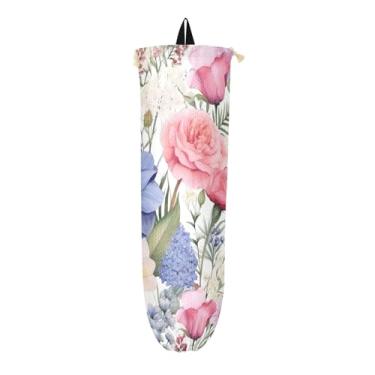 Imagem de Cheio de porta-sacolas de compras de flores em aquarela, organizador de sacolas para armazenamento de sacolas plásticas de cozinha, suporte de saco plástico para montagem na parede