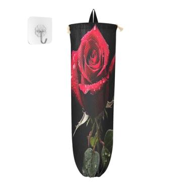 Imagem de Dispensador de saco de compras preto com rosa vermelha, suporte de saco de plástico, suporte de saco de plástico para armário