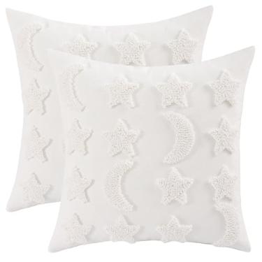 Imagem de Tosleo Ramadan Tufted Pillow Covers 45,7 x 45,7 cm Conjunto de 2 fronhas bordadas bege Ramadan Mubarak Capas de almofada decoração de lua e estrela do Ramadã para sofá de casa sofá ao ar livre