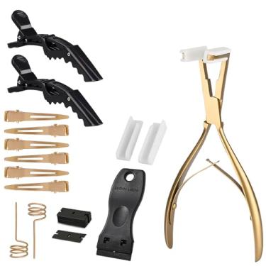 Imagem de GlamorDove Kit de ferramentas de extensão de cabelo com fita adesiva de aço inoxidável para extensão de cabelo humano, fita de vedação, removedor de fita plástica, raspador, ferramenta de estilização