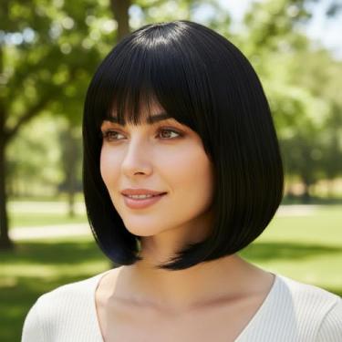 Imagem de Peruca curta preta bob com franja para mulheres, peruca sintética reta de aparência natural de 33 cm para uso diário e estilo moderno (preto)