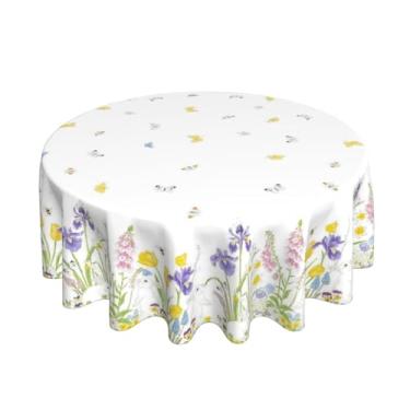 Imagem de Sunshineyan Toalha de mesa redonda primavera Páscoa 152 cm, toalha de mesa decorativa de coelho de poliéster resistente a manchas, toalha de mesa floral para festas, cozinha, jantar