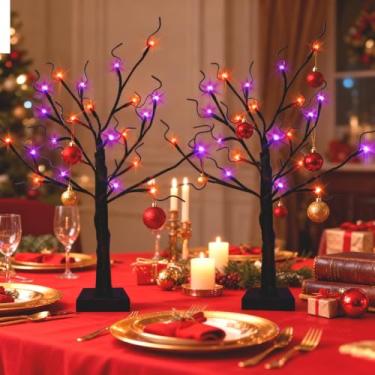 Imagem de HipTree Pacote com 2 decorações de árvore de Natal iluminadas para o dia das bruxas, árvore de bétula preta de 60 cm com luzes LED, árvore de Natal de mesa pequena com luzes, branco quente alimentado