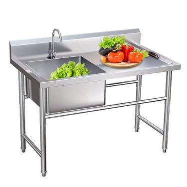 Imagem de Pia de tigela única grande, pia independente de aço inoxidável, 1 compartimento para pia de cozinha comercial, lavatório de mão de preparação e utilitário para lavanderia, com bancada de trabalho (110
