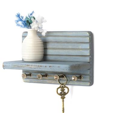 Imagem de Rebee Vision Suporte de parede para chave de madeira de pinheiro – Porta-chaves decorativo de 18 cm para parede com prateleira de madeira e ganchos resistentes – Acessórios domésticos para organizador